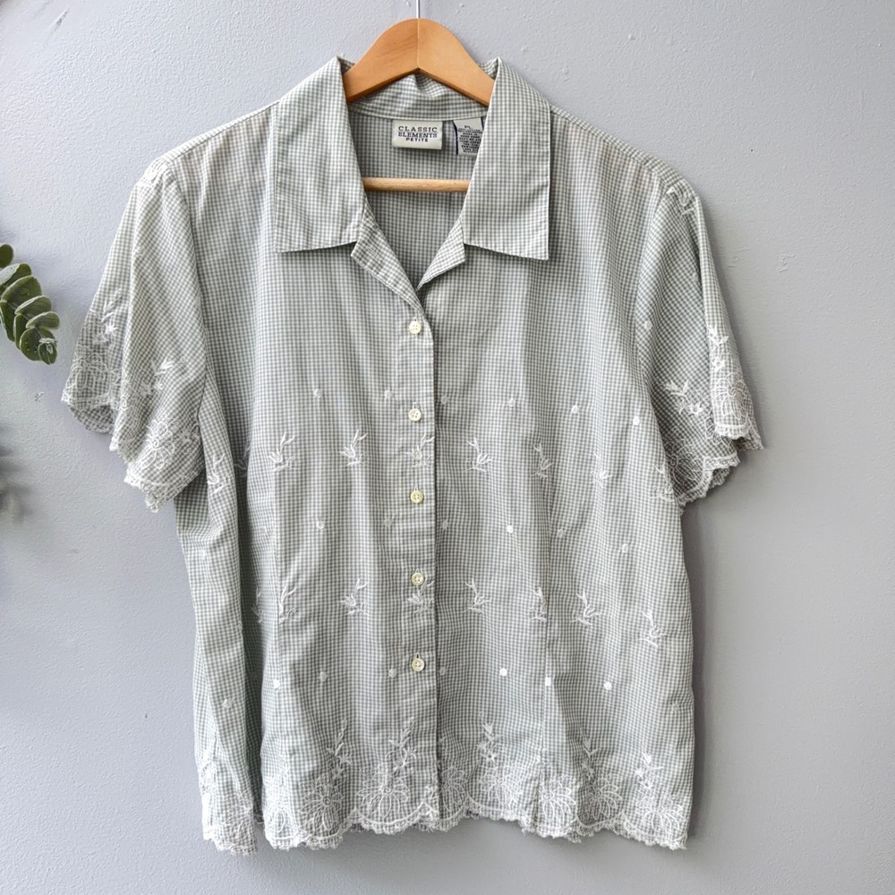 Vtg Gingham Button Up Short Sleeve Shirt Cottagecore Sage Green White Embroidery